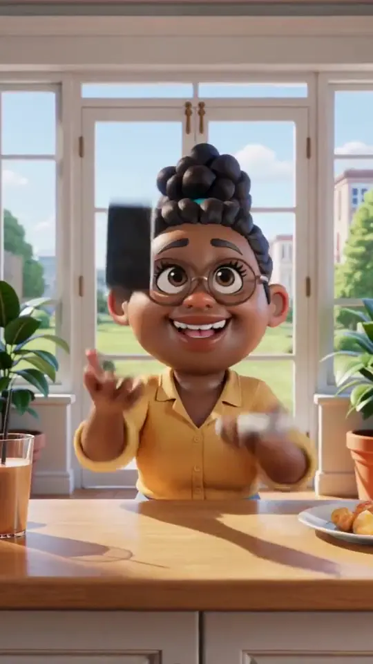 Frame from an Animated video made by Convoro: a smiling 3D cartoon character at a sunny kitchen counter