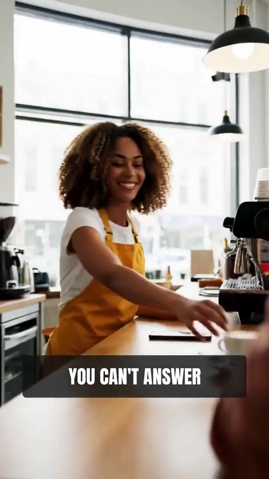 Frame from a Realistic voiceover video made by Convoro: a barista at a café counter, with a word-synced subtitle on screen