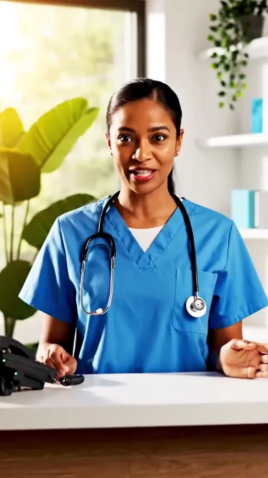 Frame from a People talk video made by Convoro: an AI-generated presenter in blue scrubs speaking to camera
